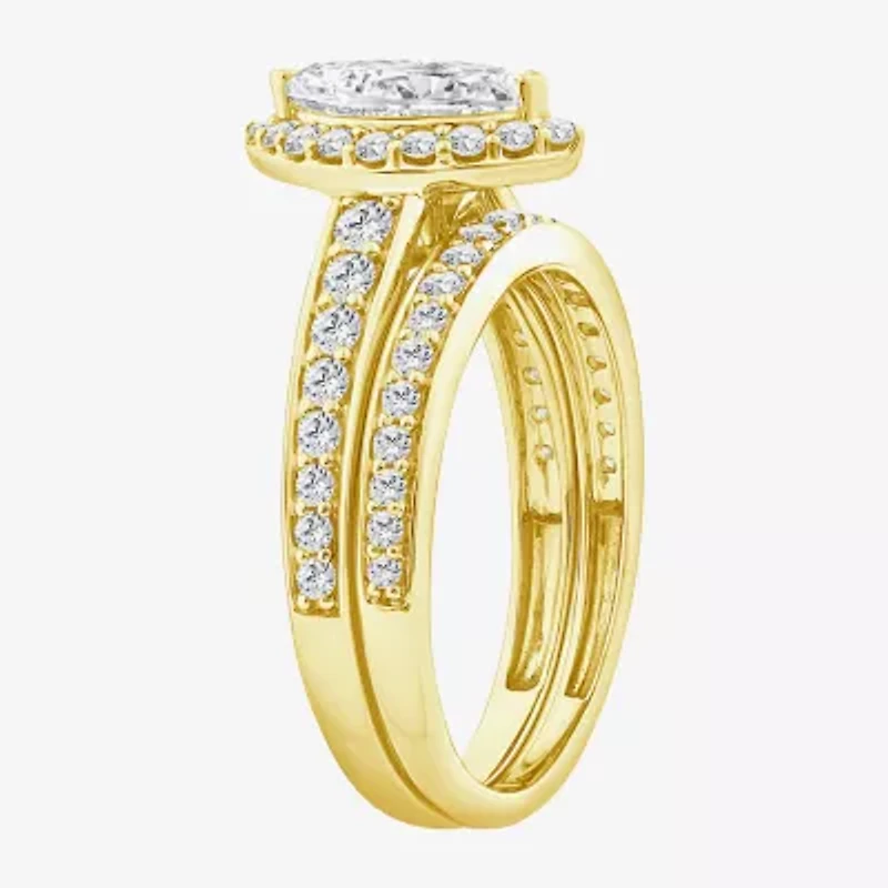 (F / Vs2) Unisex Adult 1 1/2 CT. T.W. Lab Grown White Diamond 10K Gold Marquise Side Stone Halo Bridal Set