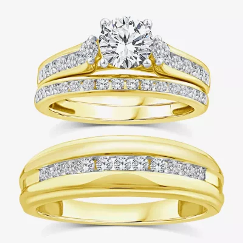(F / Vs2) Unisex Adult 2 CT. T.W. Lab Grown White Diamond 10K Gold Round Side Stone Wedding Bridal Set