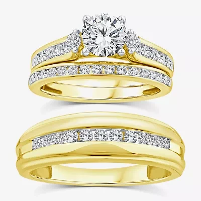 (F / Vs2) Unisex Adult 2 CT. T.W. Lab Grown White Diamond 10K Gold Round Side Stone Wedding Bridal Set