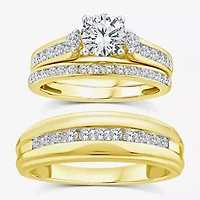 (F / Vs2) Unisex Adult 2 CT. T.W. Lab Grown White Diamond 10K Gold Round Side Stone Wedding Bridal Set