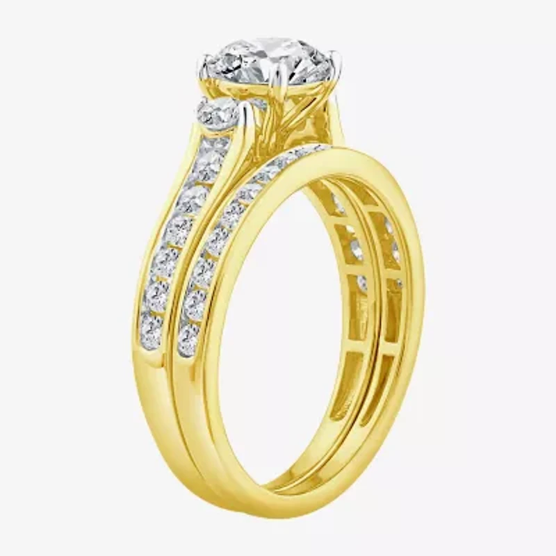 (F / Vs2) Unisex Adult 2 CT. T.W. Lab Grown White Diamond 10K Gold Round Side Stone Wedding Bridal Set