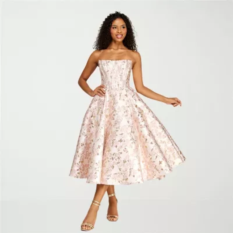 Premier Amour Womens Strapless Floral Midi Fit + Flare Dress