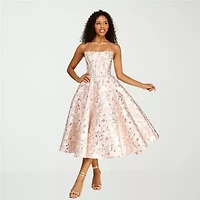 Premier Amour Womens Strapless Floral Midi Fit + Flare Dress