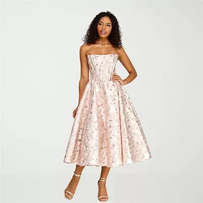 Premier Amour Womens Strapless Floral Midi Fit + Flare Dress