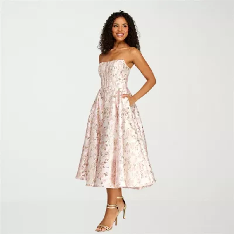 Premier Amour Womens Strapless Floral Midi Fit + Flare Dress