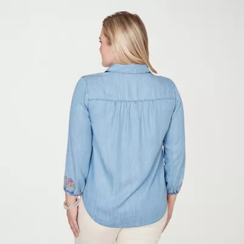 Alfred Dunner Womens Plus Smocked Sleeve 3/4 Classic Fit Button-Down Shirt