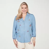 Alfred Dunner Womens Plus Smocked Sleeve 3/4 Classic Fit Button-Down Shirt