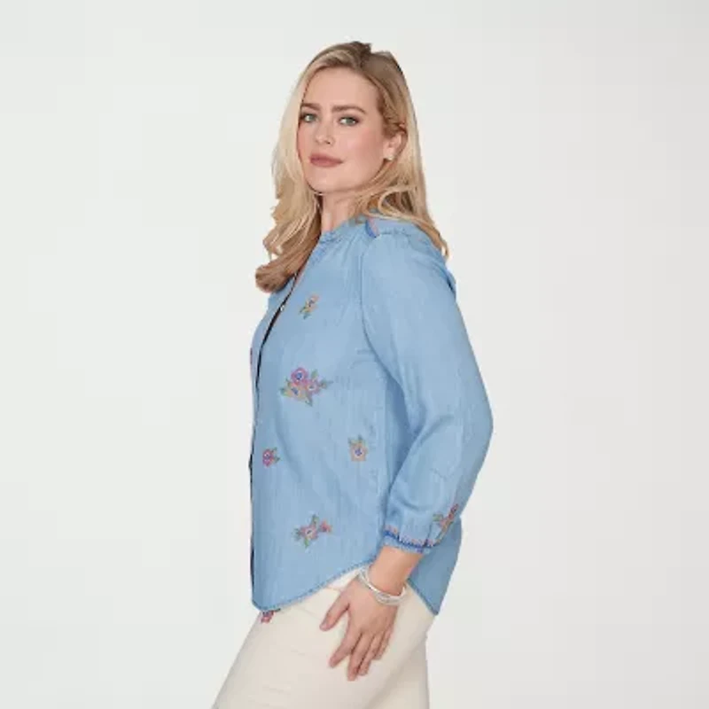 Alfred Dunner Womens Plus Smocked Sleeve 3/4 Classic Fit Button-Down Shirt