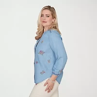 Alfred Dunner Womens Plus Smocked Sleeve 3/4 Classic Fit Button-Down Shirt