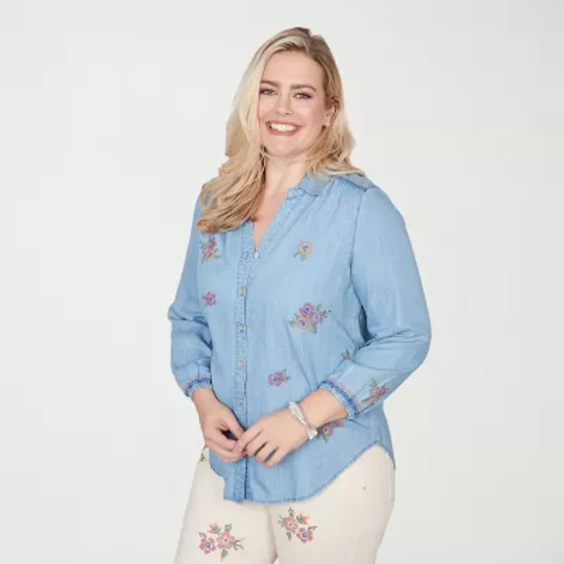 Alfred Dunner Womens Plus Smocked Sleeve 3/4 Classic Fit Button-Down Shirt