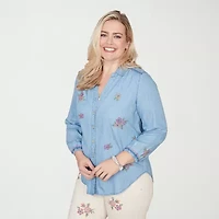 Alfred Dunner Womens Plus Smocked Sleeve 3/4 Classic Fit Button-Down Shirt