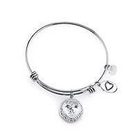 Footnotes Mom Womens Crystal Stainless Steel Heart Bangle Bracelet