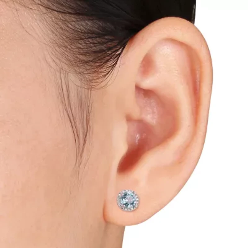 Diamond Accent Genuine Blue Aquamarine Sterling Silver 7.3mm Round Stud Earrings