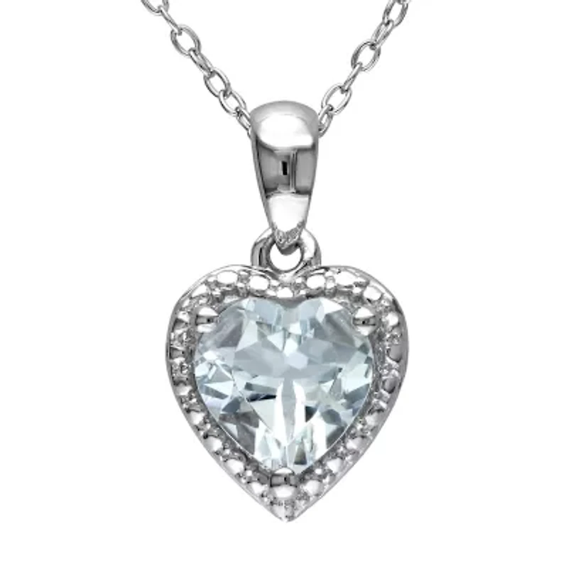 Womens Genuine Blue Aquamarine Sterling Silver Heart 18 Inch Pendant Necklace