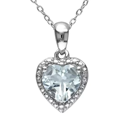 Womens Genuine Blue Aquamarine Sterling Silver Heart 18 Inch Pendant Necklace