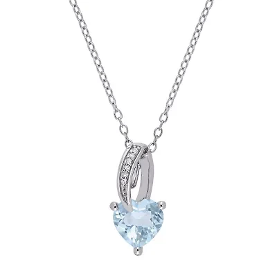 Womens Diamond Accent Genuine Blue Aquamarine Sterling Silver Heart 18 Inch Pendant Necklace