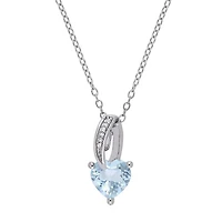 Womens Diamond Accent Genuine Blue Aquamarine Sterling Silver Heart 18 Inch Pendant Necklace