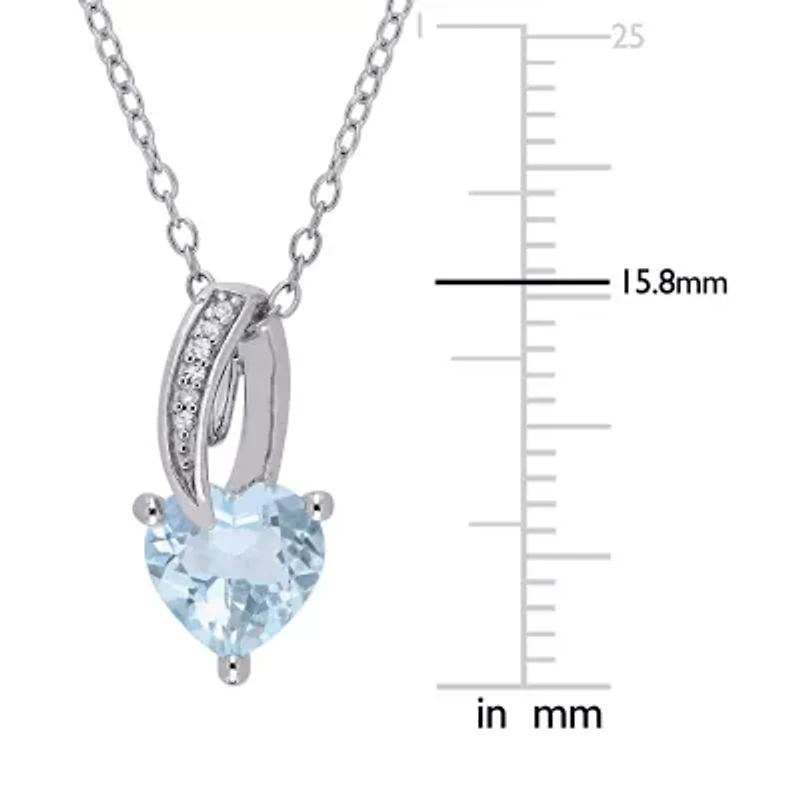 Womens Diamond Accent Genuine Blue Aquamarine Sterling Silver Heart 18 Inch Pendant Necklace