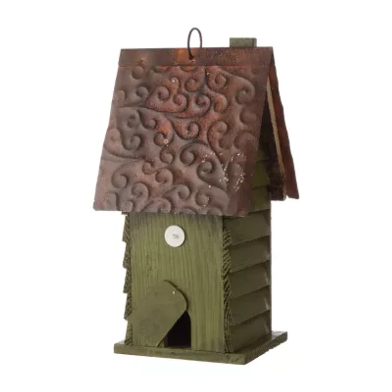 Glitzhome 11.93"H Tall Green Hand Painted Wood Birdhouse