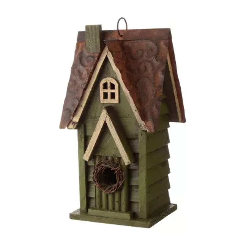 Glitzhome 11.93"H Tall Green Hand Painted Wood Birdhouse