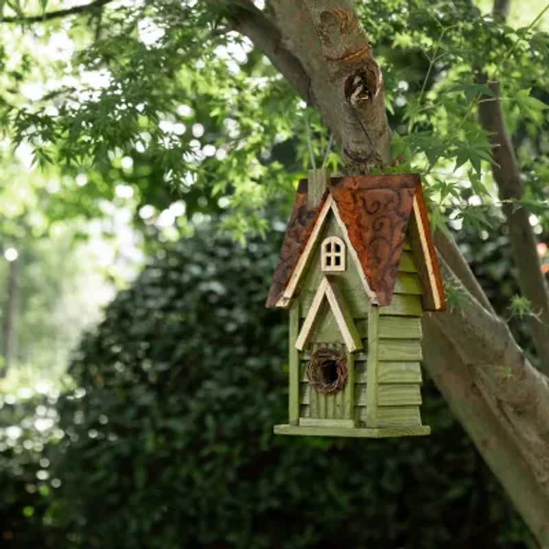 Glitzhome 11.93"H Tall Green Hand Painted Wood Birdhouse