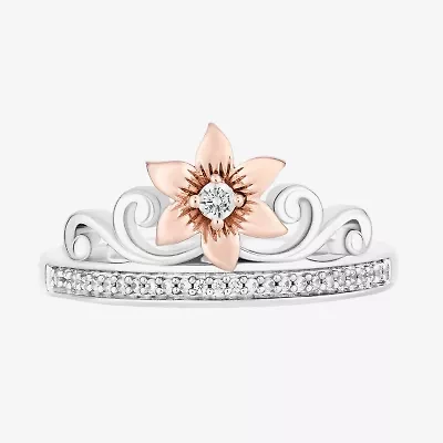 Enchanted Disney Fine Jewelry Womens 1/10 CT. T.W. Natural White Diamond 14K Rose Gold Over Silver Crown Rapunzel Cocktail Ring