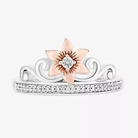 Enchanted Disney Fine Jewelry Womens 1/10 CT. T.W. Natural White Diamond 14K Rose Gold Over Silver Crown Rapunzel Cocktail Ring