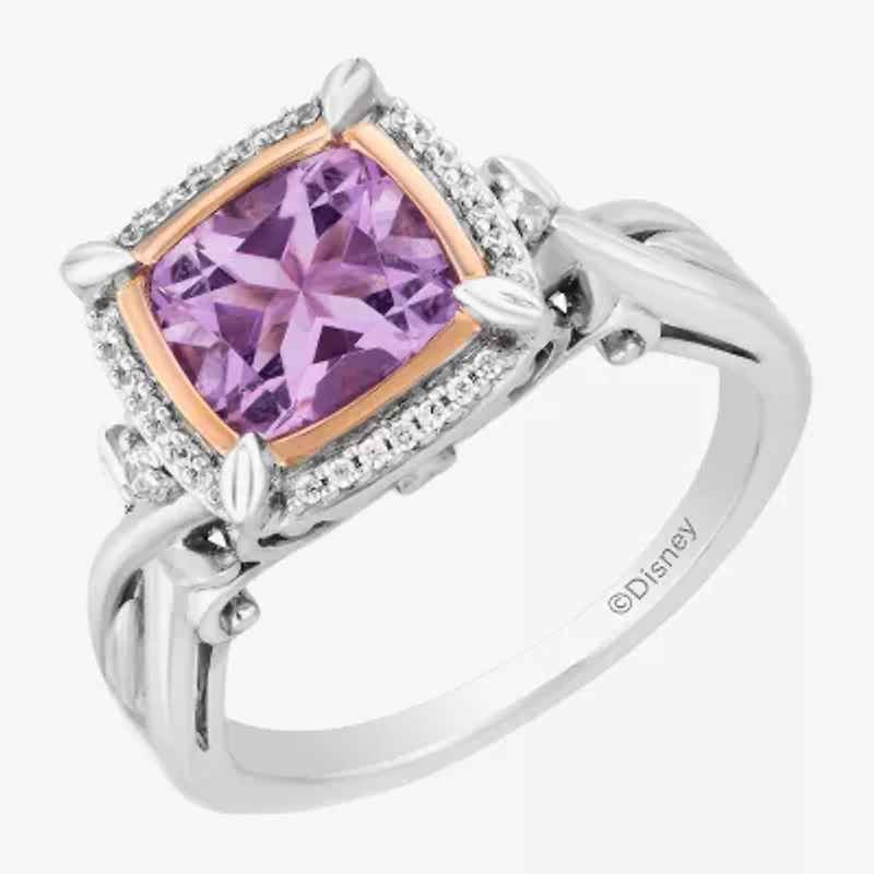 Enchanted Disney Fine Jewelry Womens 1/10 CT. T.W. Genuine Purple Amethyst 14K Rose Gold Over Silver Cushion Rapunzel Halo Cocktail Ring