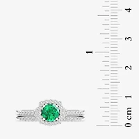 Modern Bride Gemstone Womens 14K White Gold Round Halo Bridal Set