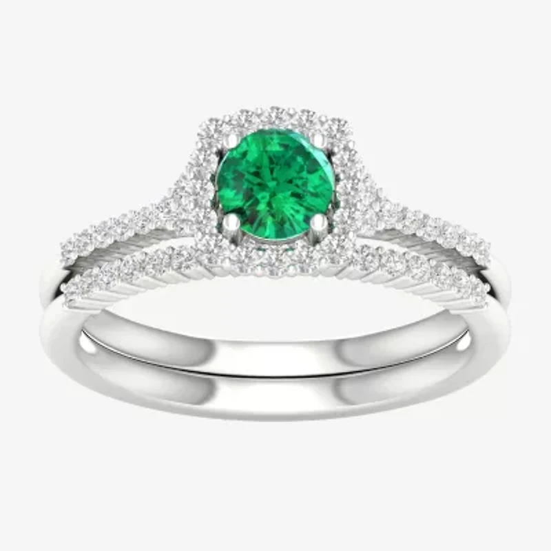 Modern Bride Gemstone Womens 14K White Gold Round Halo Bridal Set