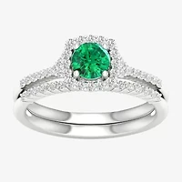 Modern Bride Gemstone Womens 14K White Gold Round Halo Bridal Set