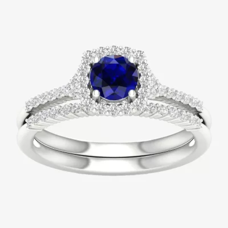 Modern Bride Gemstone Womens 14K White Gold Round Halo Bridal Set