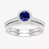 Modern Bride Gemstone Womens 14K White Gold Round Halo Bridal Set