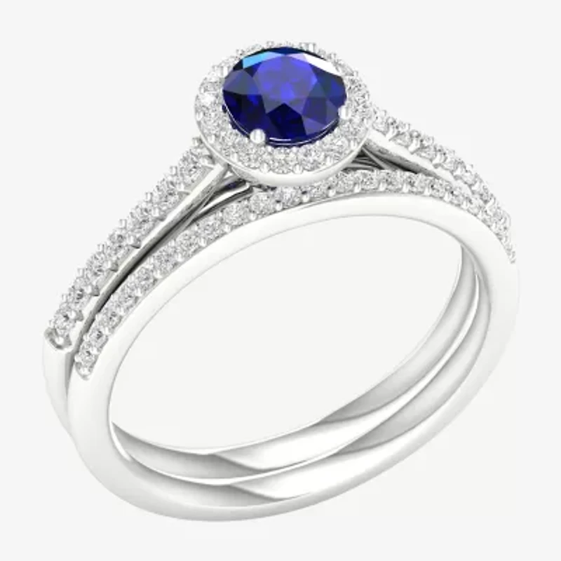 Modern Bride Gemstone Womens 14K White Gold Round Halo Bridal Set