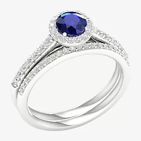 Modern Bride Gemstone Womens 14K White Gold Round Halo Bridal Set