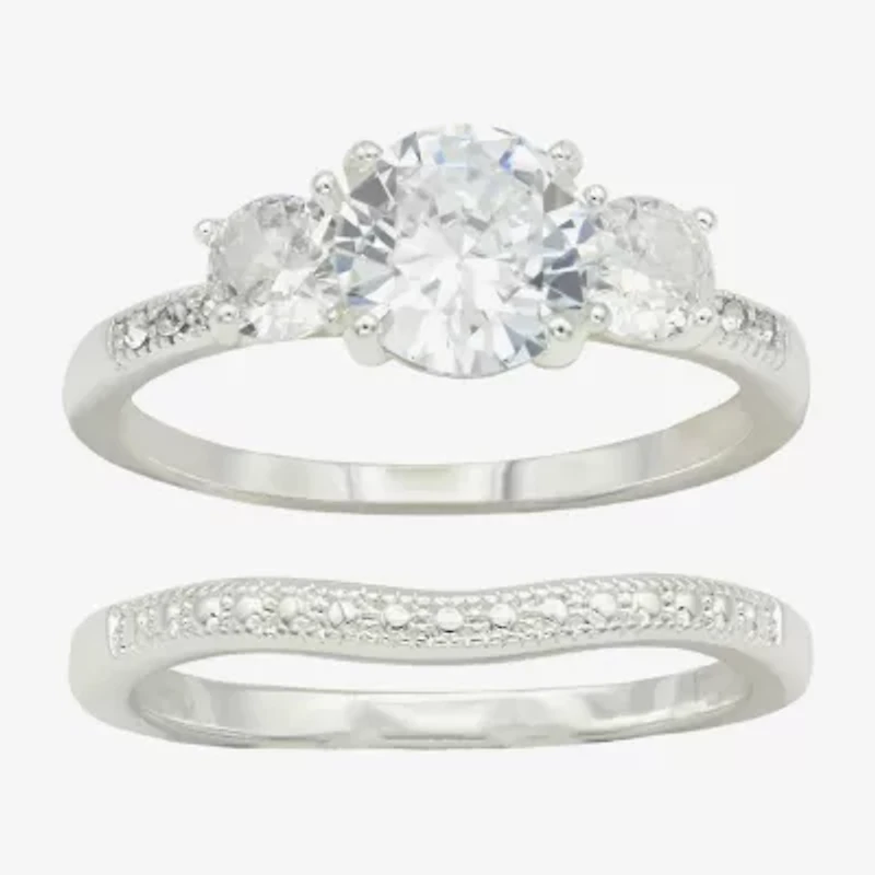 Sparkle Allure Womens Cubic Zirconia Pure Silver Over Brass Round 3-Stone Ring Set