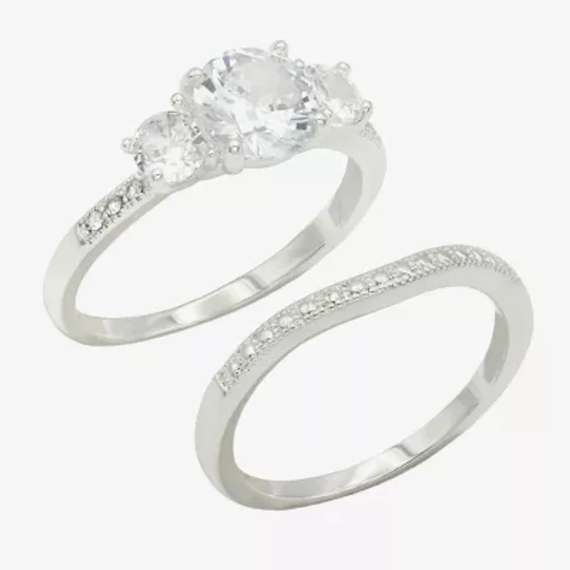 Sparkle Allure Womens Cubic Zirconia Pure Silver Over Brass Round 3-Stone Ring Set