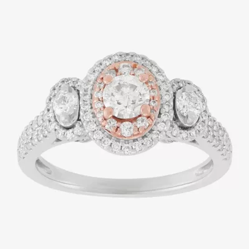 Limited Quantities! Womens 1 CT. T.W. Natural White Diamond 14K Two Tone Gold Round Side Stone 3-Stone Engagement Ring