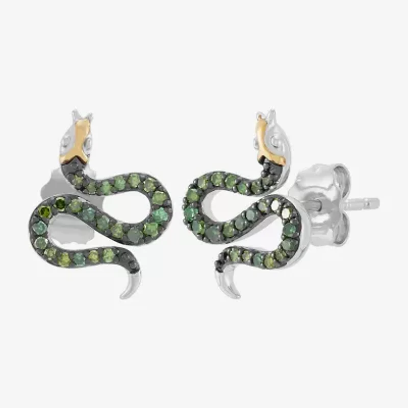 Limited Quantities! Snake 1/6 CT. T.W. Natural Green Diamond 14K Gold Sterling Silver 12.8mm Stud Earrings
