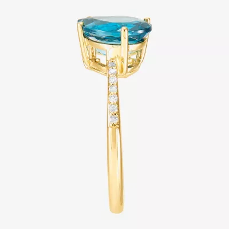 Limited Quantities! Womens Diamond Accent Genuine Blue Topaz 14K Gold Oval Pear Cocktail Ring