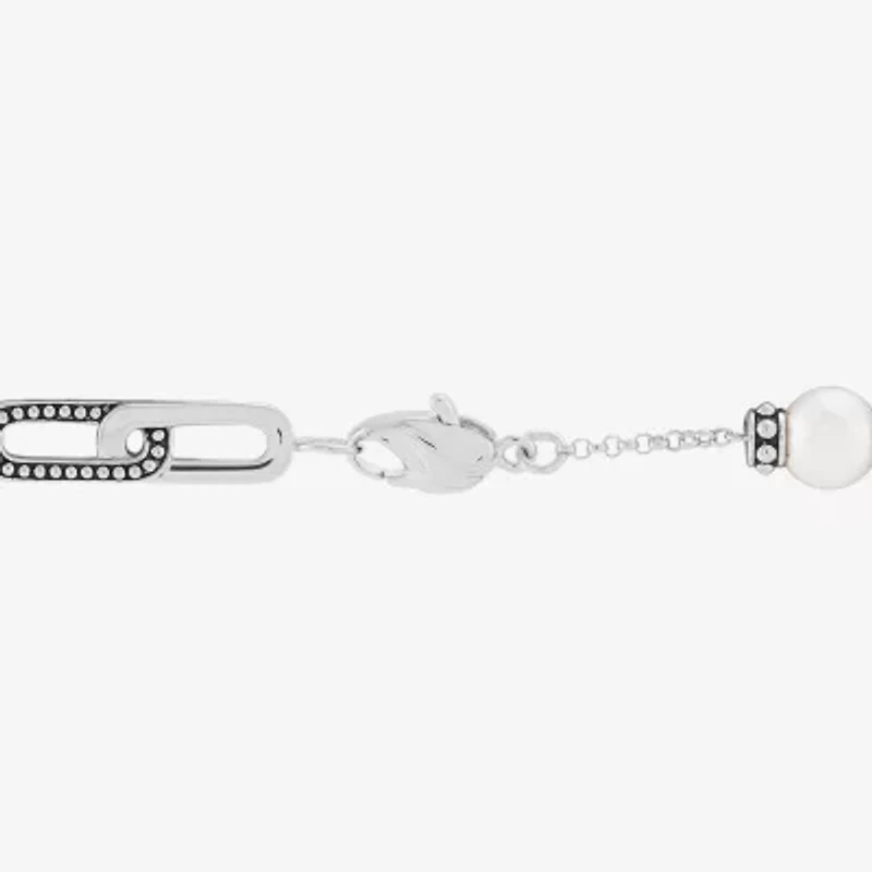 Limited Quantities! Womens White Cultured Freshwater Pearl Sterling Silver Charm Bracelet