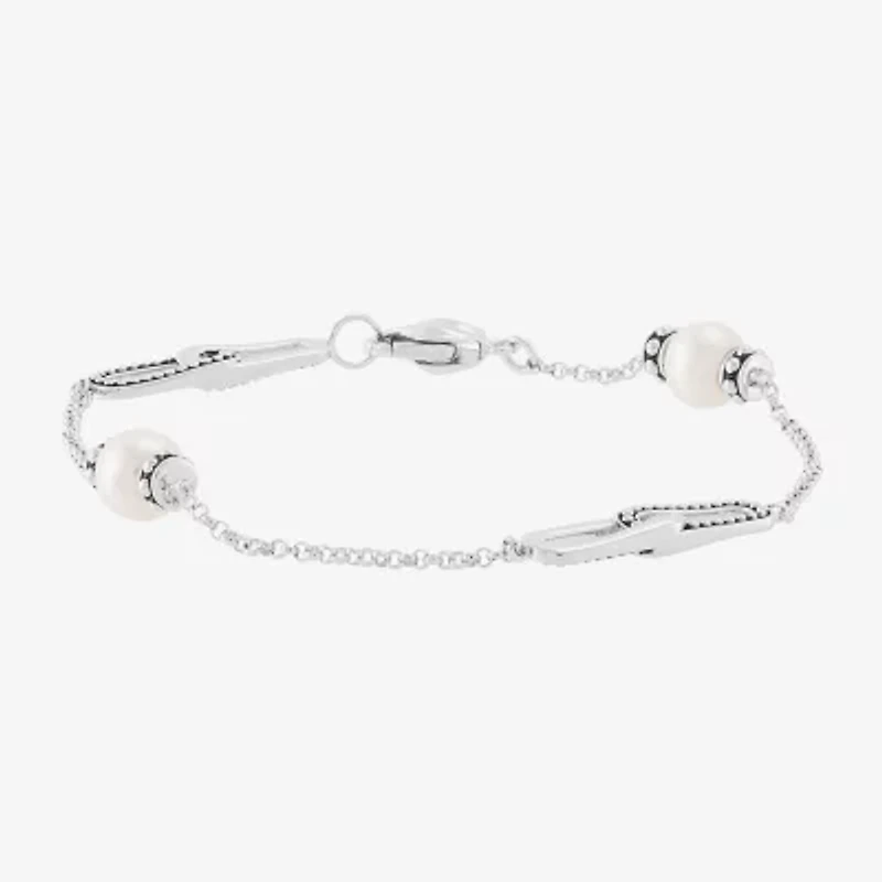 Limited Quantities! Womens White Cultured Freshwater Pearl Sterling Silver Charm Bracelet