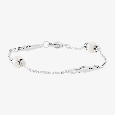 Limited Quantities! Womens White Cultured Freshwater Pearl Sterling Silver Charm Bracelet