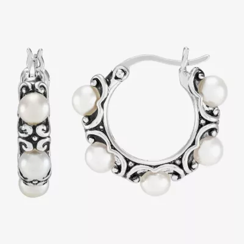 Limited Quantities! Womens White Cultured Freshwater Pearl Sterling Silver 19.2mm Hoop Earrings
