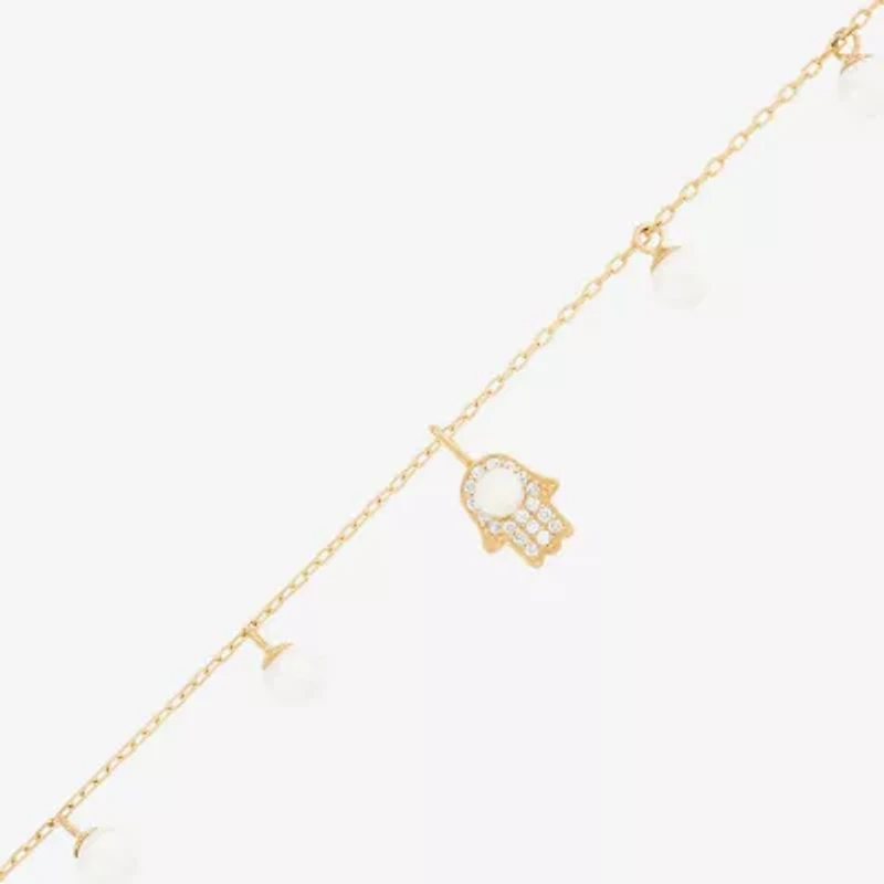 Womens Dyed White Cultured Freshwater Pearl 14K Gold Over Silver Hamsa Charm Bracelet