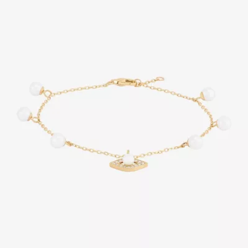 Womens Dyed White Cultured Freshwater Pearl 14K Gold Over Silver Evil Eye Charm Bracelet