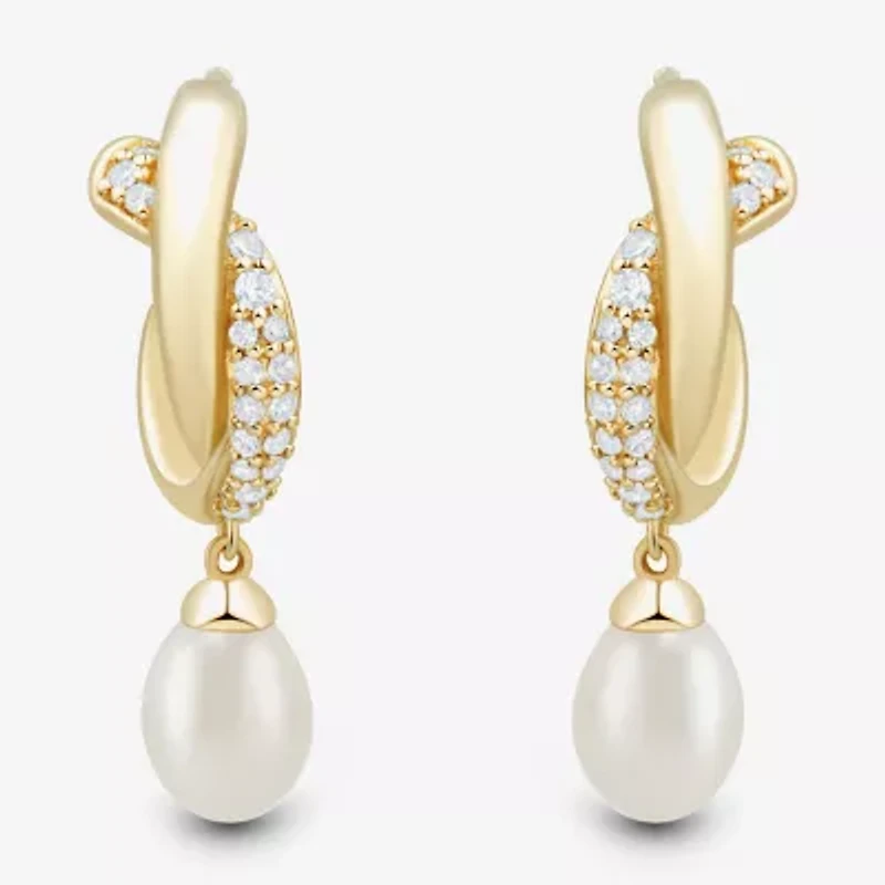 Womens Lab Created White Cultured Freshwater Pearl 14K Gold Over Silver Sterling Silver Round Drop Earrings