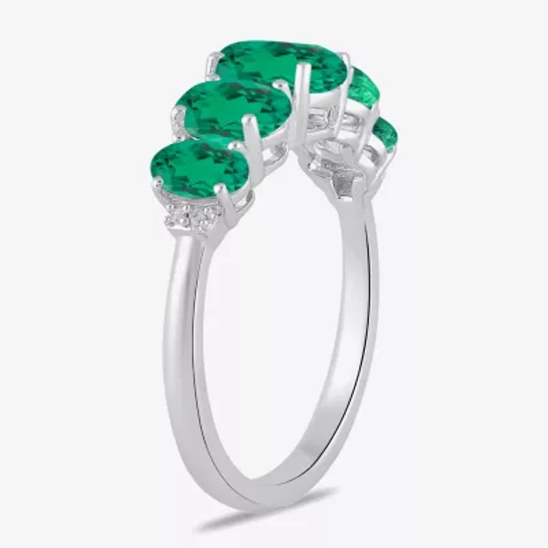 Womens Lab Created Green Emerald Sterling Silver Oval 5-Stone Band
