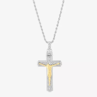 Crucifix Mens White Cubic Zirconia 14K Gold Over Silver Cross 24 Inch Pendant Necklace