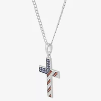 Diamonart American Flag Mens Multi Color Cubic Zirconia Sterling Silver Cross 22 Inch Pendant Necklace